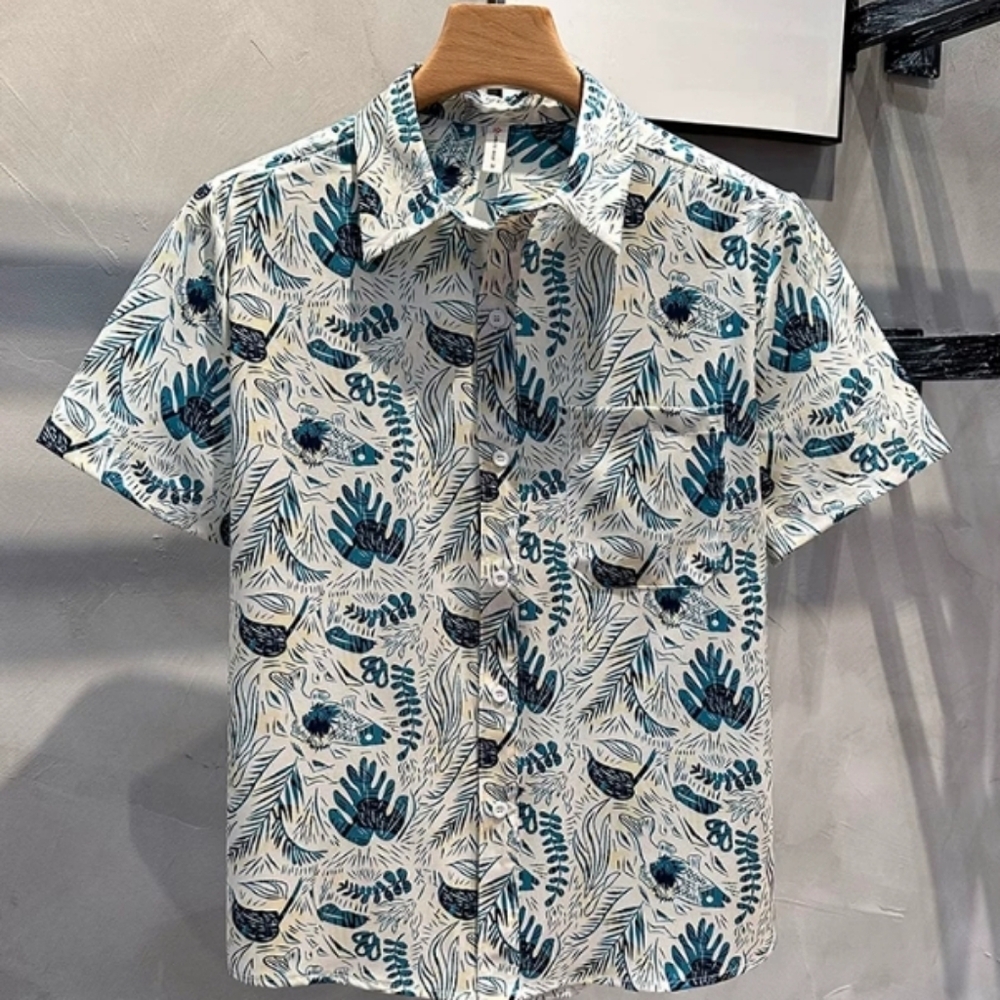 Blue Tribal Fish Print Aloha Shirt
